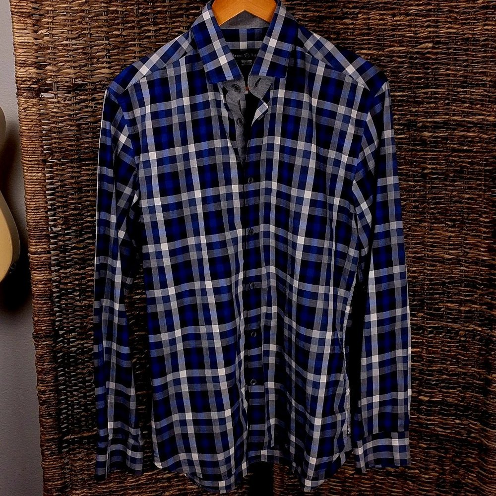 Stone Rose Italy Blue Plaid Shirt Large